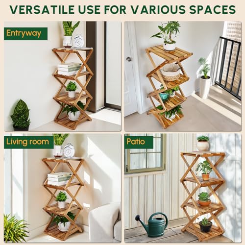 BEEFURNI 4-Tier Foldable Acacia Wood Ladder Plant Stand & Corner Rack