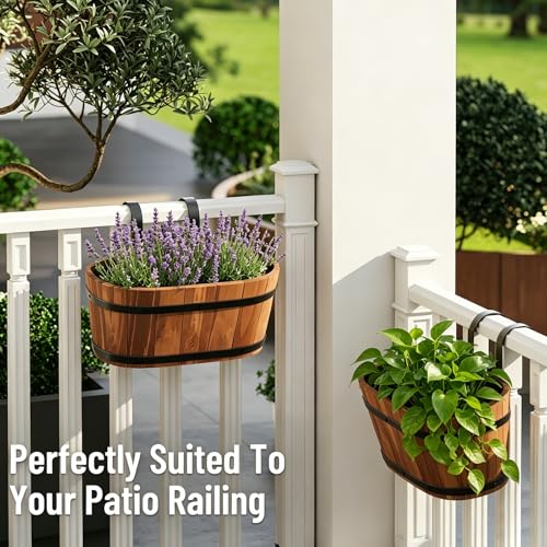 2-Pack Wooden Hanging Planters 13" Railing Flower Pots with Drainage Holes - color: Brown-2pcs, size: Large