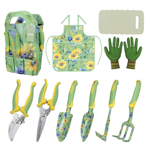 10 Piece Garden Tools Set, Gardening Hand Tools Kit with Heavy Duty Rust-Proof Aluminum Tools, Organizer Tote Bag, Apron, Gloves & Kneeling Pad, Ideal Gardening Gifts for Women, Mom, Grandma & Wife - color: green floral-10pcs