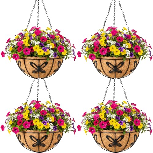 4pcs 14 inch Metal Hanging Baskets Round Wire Plant Stand with Coco Lining Cushion Decorative Planter Hanger Garden Indoor Outdoor Watering Hanging Basket （HD） - color: Dragonflies, size: 14inch