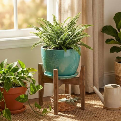 MyGift 7-Inch Turquoise Ceramic Planter Pot with Drainage Hole & Saucer - color: Turquoise