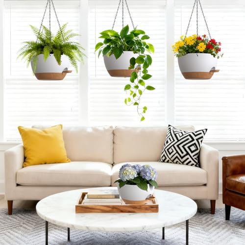 UOUZ Set of 3-10 Inch Self Watering Hanging Planters for Indoor Outdoor，Hanging Plant Pots with Drainage & Removable Tray, Hanging Pots Holder for Pothos Plant, Ferns, Balcony & Patio,White with Brown - color: White With Brown, size: 10inch-3pack