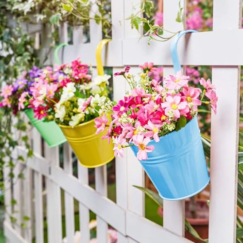 KINGLAKE Flower Pots,10 Pcs Metal Iron Hanging Flower Plant Pot Balcony Garden Plant Planter Baskets Fence Bucket Pots 6.3'' Flower Holders with Detachable Hook - color: Multicolor, size: 6.3 Inch