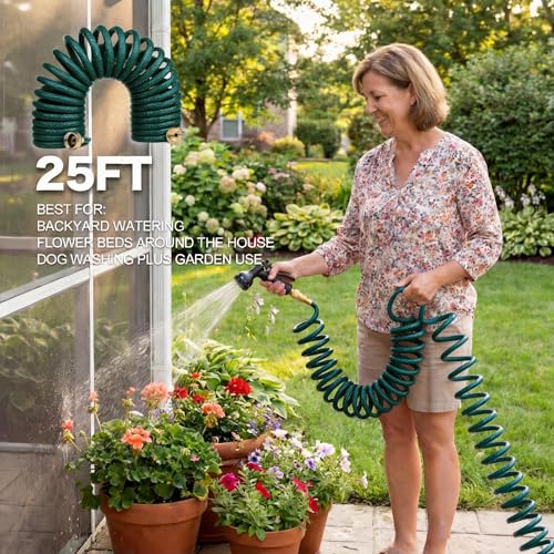 Orgrimmar 25FT Green EVA Coil Garden Hose with Metal Fittings - color: Green, size: 25 feet