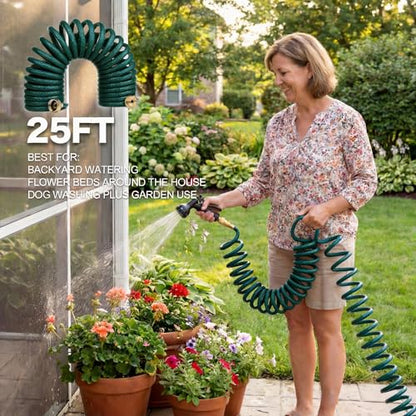 Orgrimmar 25FT Green EVA Coil Garden Hose with Metal Fittings - color: Green, size: 25 feet
