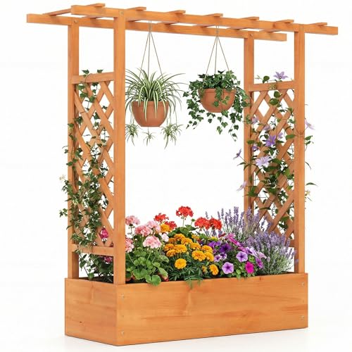 Giantex Wooden Raised Garden Bed with Trellis & Hanging Roof, Fir Wood Planter Box, 45" Freestanding Elevated Garden Bed for Outdoor Climbing Plants Vegetables Flowers, Patio & Balcony, Orange - color: Orange, size: 43”x14”x45”