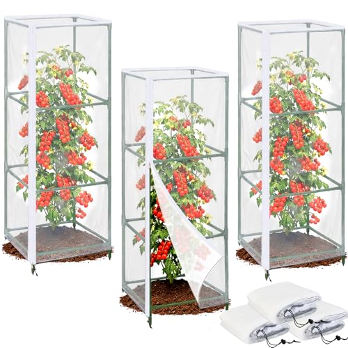 3PCS Garden Bird Netting for Square Tomato Cage with Zipper & Drawstring - size: 17.7x17.7x59in