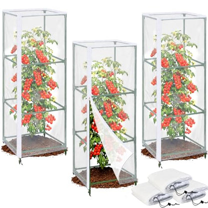 3PCS Garden Bird Netting for Square Tomato Cage with Zipper & Drawstring - size: 17.7x17.7x59in