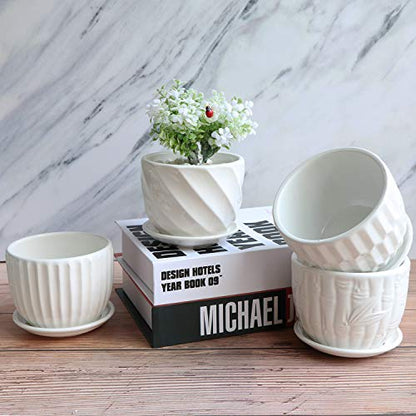 Flower Pots, 4 Inch Cylinder Ceramic Plant Pots with Connected Saucer, Mini Ceramic Planters for Succulent and Little Snake Plants (6 Pack, White)