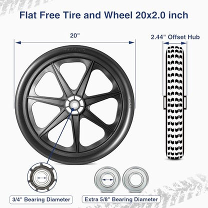 MaxAuto 20x2.0 Rim Flat Free Cart Tire and Wheels Assembly for the Garden Yard Cart, Wheelbarrow, Garden Trailers, 20x2" Non-inflated Tires with 3/4" Bearing, 2 Pack