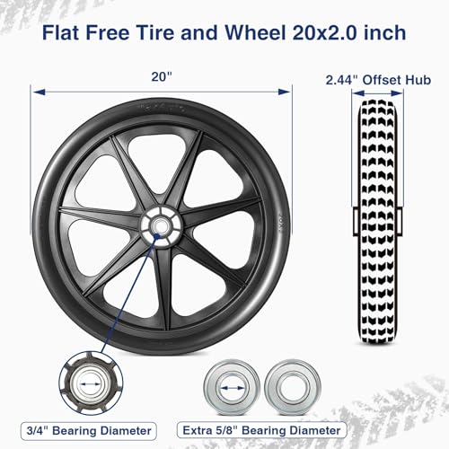 MaxAuto 20x2.0 Rim Flat Free Cart Tire and Wheels Assembly for the Garden Yard Cart, Wheelbarrow, Garden Trailers, 20x2" Non-inflated Tires with 3/4" Bearing, 2 Pack