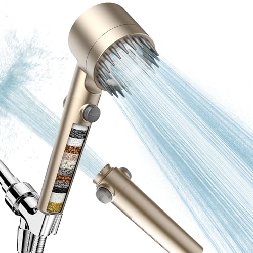Filtered Shower Head with Handheld, High Pressure Water Flow and Multiple Spray Modes Shower Head with Filter, Power Wash for Hard Water, Showerhead with ON/OFF Switch for Pets Bath (Golden) - color: Golden