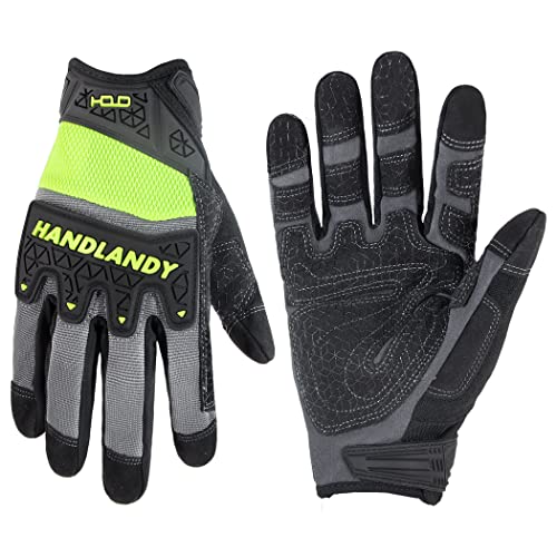 HANDLANDY Mens Work Gloves Touch screen, Utility Mechanic Gloves, Flexible Breathable Fit- Padded Knuckles & Palm - color: Green, size: Small