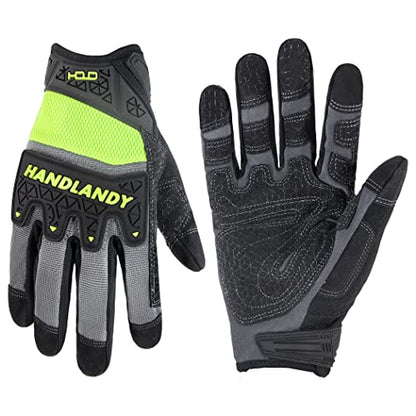 HANDLANDY Mens Work Gloves Touch screen, Utility Mechanic Gloves, Flexible Breathable Fit- Padded Knuckles & Palm - color: Green, size: Small