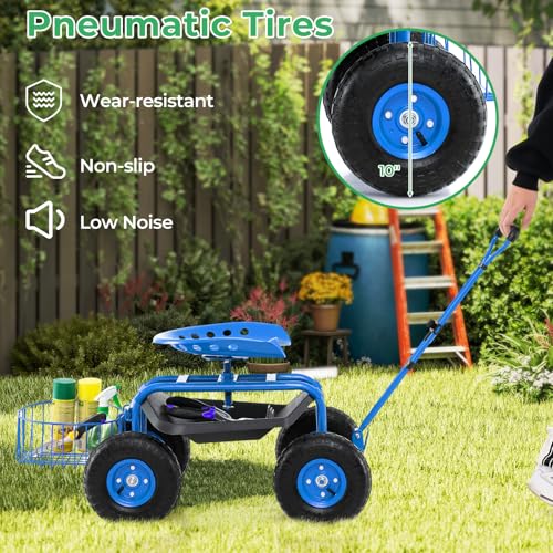 Garden Seat with Wheels, Rolling Stool with Extendable Handle, Storage Basket & Tool Tray, Garden Scooter with 360 Degree Swivel Seat for Outdoor & Yard (Blue) - color: Blue