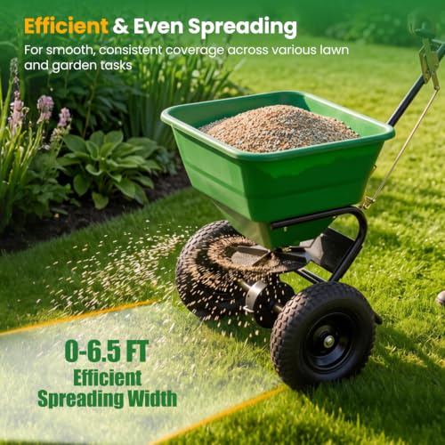 66LBS Walk-Behind Broadcast Spreader with 13" All-Terrain Pneumatic Tires, 6.5FT Spreading Width & Adjustable Flow Control, Push Fertilizer Spreader for Grass Seed, Salt & Ice Melt (Green) - color: Green