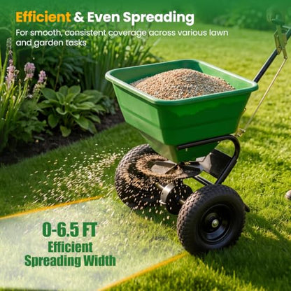 66LBS Walk-Behind Broadcast Spreader with 13" All-Terrain Pneumatic Tires, 6.5FT Spreading Width & Adjustable Flow Control, Push Fertilizer Spreader for Grass Seed, Salt & Ice Melt (Green) - color: Green