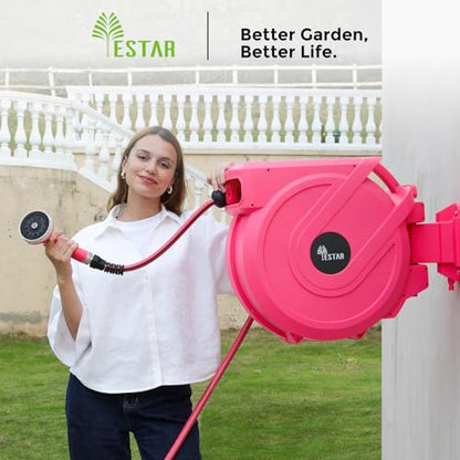 Retractable Garden Hose Reel 5/8 in x100 ft， Wall Mounted Hose Reel - color: Pink, size: 5/8"x100 ft