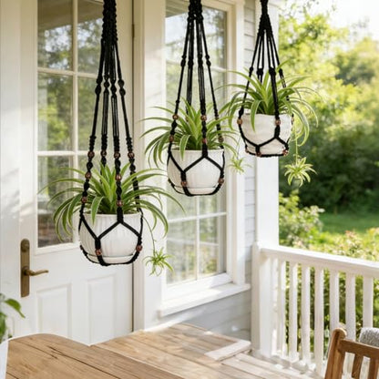YIBOT Black Macrame Plant Hanger Indoor Hanging Planter Basket - color: Black Wooden Beads, size: 35+29+23Inch