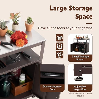 Feasto Heavy-Duty Potting Bench with Storage & Stainless Steel Top - color: Brown