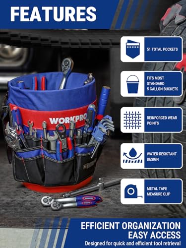 WORKPRO Bucket Tool Organizer with 51 Pockets Fits for 3.5-5 Gallon Bucket