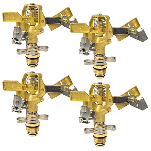 Hourleey 1/2 Inch Brass Impact Sprinkler, Heavy Duty Water Sprinkler Head, Adjustable 0-360 Degree Coverage Pattern, Watering Sprinkler with Nozzles for Large Patio Garden Irrigation (4 Pack) - size: 4 Pack