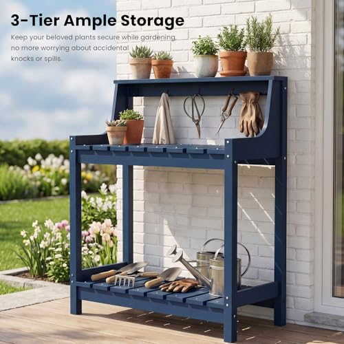 Domi 3-Tier Potting Benches for Outside, HDPE Outdoor Potting Table, Blue - color: Blue