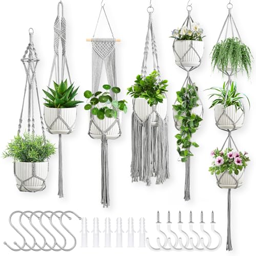 Macrame Plant Hangers, 6Pack Hanging Plant Holders Indoor, Gray - color: Gray