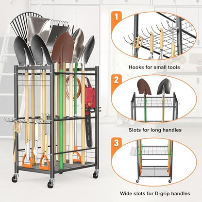 TORACK Garden Tool Stand with Wheels, Rakes Shovels Holder Yard Tools Organizer for Garage, Garden, Shed Indoor/Outdoor Long-Handled Tools Cart(Tool stand) - style: Tool stand