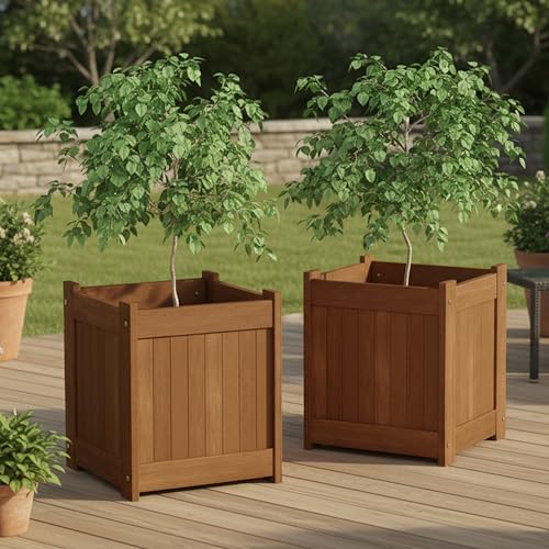 Furinno TIOMAN Planter Box Set of 2, Hardwood Flower Box, Cube Garden Box, in Teak Oil, Outdoor Indoor, Garden, Patio, Balcony, Light Wood - size: Set of 2, 15.4 x 15.4 x 17.7
