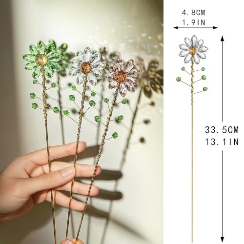 3Pcs Crystal Sunflower Suncatchers with 13'' Gold Trellis Metal Plant Stake - color: Clear, Green, Pink