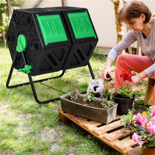 34.5 Gallon Dual Chamber Compost Tumbler, 360° Rotating Compost Bin with Sliding Doors, Aeration System, BPA Free PP Material, Rustproof Metal Frame, Black and Green, 25.5 x 23.5 x 29 Inches, 18 lbs