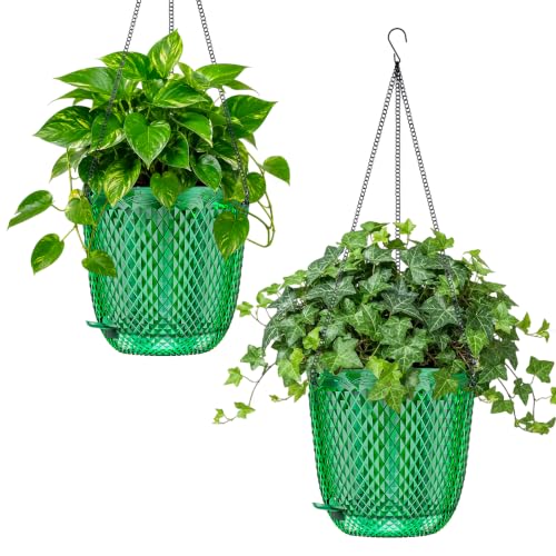 QCQHDU 7.2 Inch Self Watering Hanging Planters for Indoor Outdoor Plants,2 Pack Flower Pots Hanging Basket,Plastic Plant Hanger with Drainage Holes and 3 Hooks for Window Porch Garden Balcony, (Green) - color: Green, size: 7.2"+7.2"