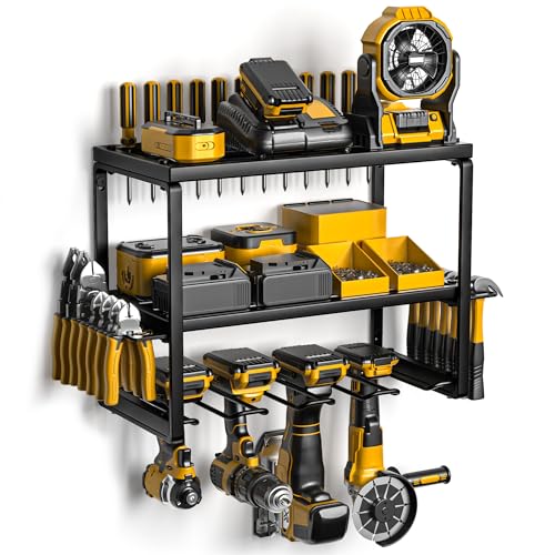 Spampur Power Tool Organizer, 3 Layers 4 Drill Holder Wall Mount - size: 3 Shelves 4 Slots