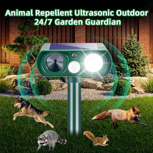 2026 Sonic Fortress Pro Deer Repellent for Plants,4 Pcs Cat Repellent Outdoor Motion Sensor Solar Animal Repellent Ultrasonic Outdoor for Squirrel Rabbit Skunk Racoon Fox Strobe Light,IP65 Waterproof