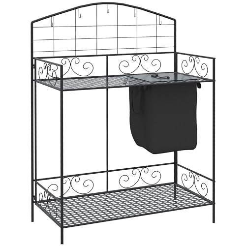 Folding Potting Bench Table, Metal Garden Workstation, Work Bench with Large Build-in Bag with Cover, 5 Hanging Hooks & Storage Shelf, Flourishes