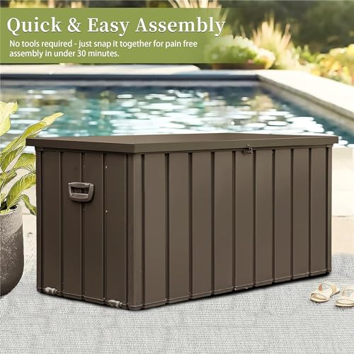 160 Gallon Outdoor Storage Shed Deck Box, Lockable Galvanized Steel, Brown - color: Dark Brown-C