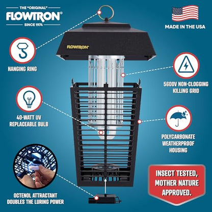 Flowtron Electric Bug Zapper, 1 Acre Outdoor, 40W UV, 5600V Zap, Black - color: Midnight Black