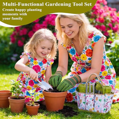 15-Piece Garden Tool Set for Women, Heavy Duty Gardening Kit with Floral Garden Bag, Steel Garden Hand Tools, Plant Labels, Gloves, Gardening Gift Basket for Men Gardeners Plant Lovers, Green