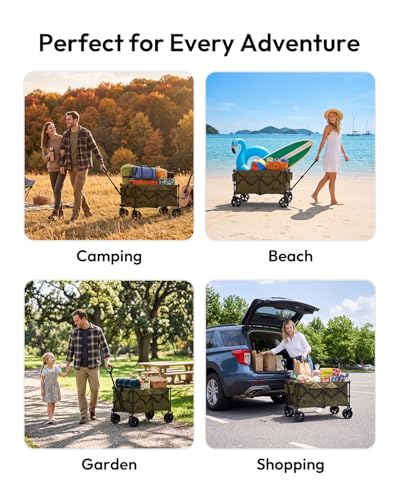 MOBI GARDEN 330Lbs Collapsible Folding Wagon Cart with Wheels 190L Capacity - color: Khaki Green, size: 190L