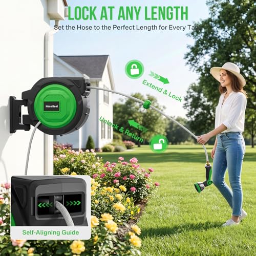 Retractable Garden Hose Reel, 1/2 in x 150 ft Heavy Duty Wall-Mounted Hose Reel with 180° Swivel Bracket, 10-Pattern Nozzle, Automatic Slow Rewind System, Any Length Lock for outside Watering,Cleaning