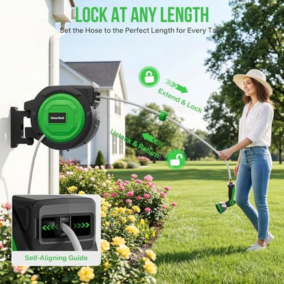 Retractable Garden Hose Reel, 1/2 in x 150 ft Heavy Duty Wall-Mounted Hose Reel with 180° Swivel Bracket, 10-Pattern Nozzle, Automatic Slow Rewind System, Any Length Lock for outside Watering,Cleaning