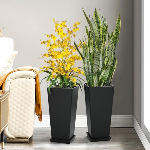 TUYOHW 24-Inch Tall Planters for Outdoor Plants, Set of 2, Black - color: Square Classic Black