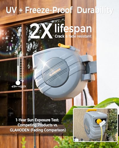 GLAHODEN 5/8 in x 65 ft Retractable Garden Hose Reel with Automatic Rewind - color: Light Gray, size: 5/8" 65FT