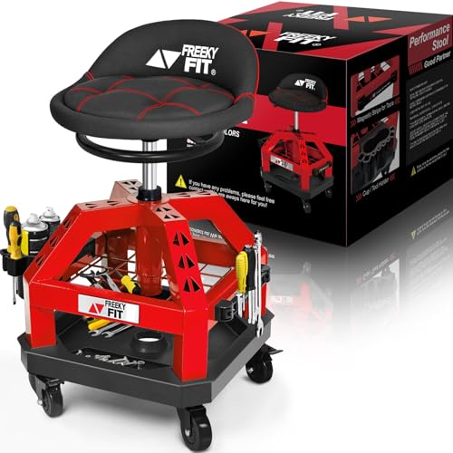 Rolling Shop Stool for Garage with Casters, DO02-Adjustable Height 360° Swivel Shop Seat with Tool Tray Storage, 330 LBS Capacity Padded Mechanic Stool, Magnetic Tool Hold, Heavy Duty, Red - color: Red With Magnetic Tool Hold
