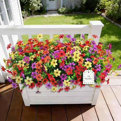 24 Bundles Artificial Flowers for Outdoors Spring Summer Decor, Realistic Faux Silk Flowers with Eucalyptus Stem, Fake Plants UV Resistant No Fade for Outside Planter Porch Patio Yard Window Garden - color: Pureple Red Orange Yellow, size: 24 PCS