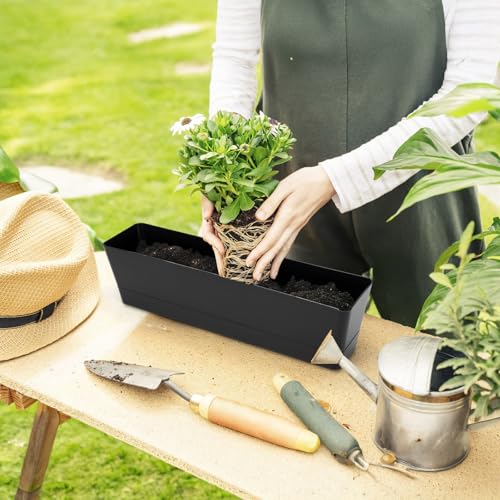 GREANER 3PCS 16x3.8 Inch Window Boxes Planters, Black Rectangle Planters Box with Drainage Holes and Trays, Herb Succulents Flowers Plastic Pot for Windowsill, Garden, Balcony, Indoor, Outdoor Decor - size: 3Packs/16x3.8in-black