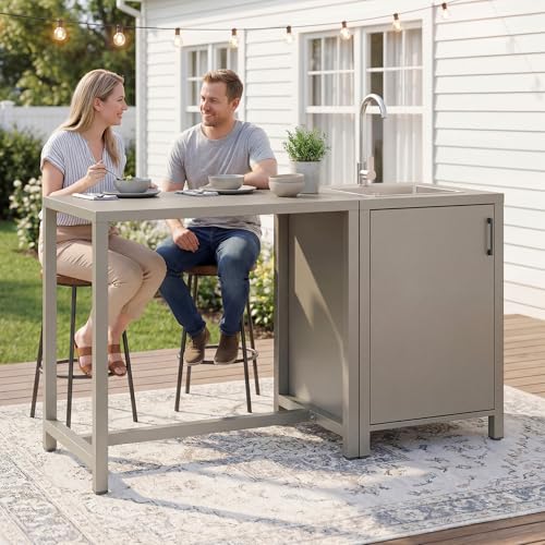 Wisteria Lane Outdoor Storage Cabinet with Stainless Steel Sink, Aluminum Modular Outdoor Kitchen, All Wheather Kitchen Island with Storage, Patio Bar Table for BBQ, Porch，Backyard - size: Sink Cabinete + Bar Table Cabinet