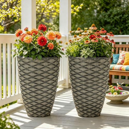 Autodaya 20" Tall Outdoor Planters Set of 2 Plant Pots, Black Wavy Texture - color: Weathered Black-20"h