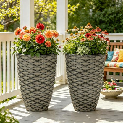 Autodaya 20" Tall Outdoor Planters Set of 2 Plant Pots, Black Wavy Texture - color: Weathered Black-20"h